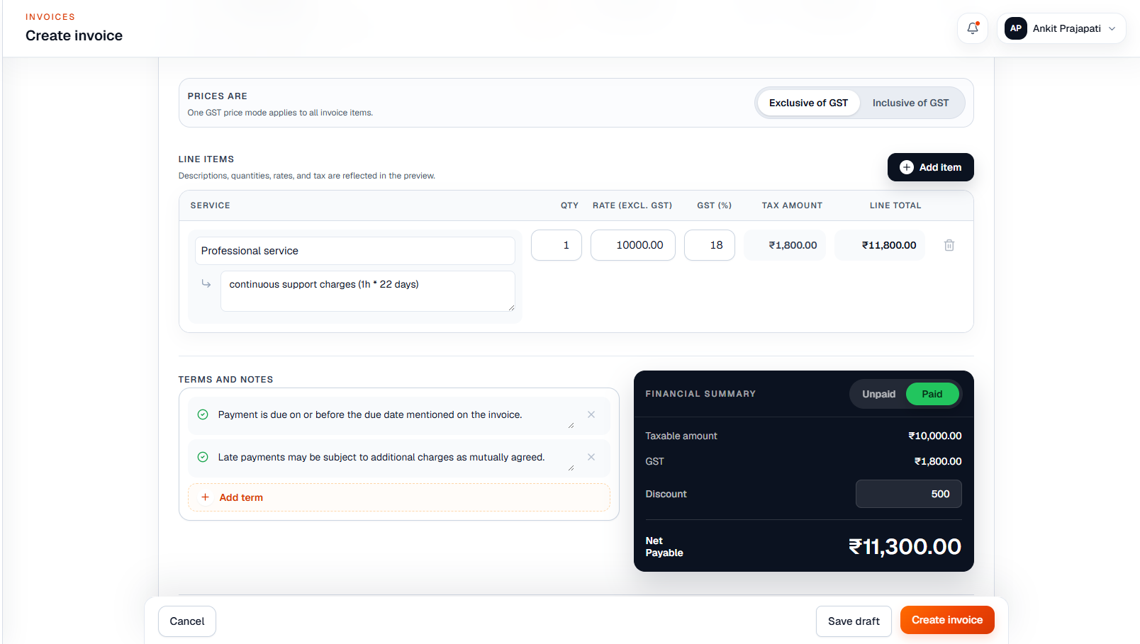 Agniv invoice creation workspace